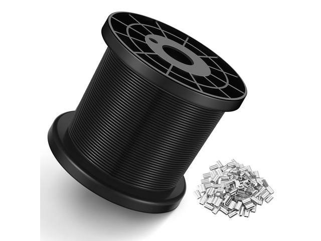 Black Vinyl Coated Wire Rope 1/16', 500FT 304 Stainless Steel Cable Includes Enough Aluminum Crimping Loop Sleeves for String Light, Clotheslines,...