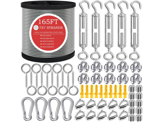 165FT Steel Cable Kit M5 Turnbuckle & 1/8' Stainless Steel Wire Rope
