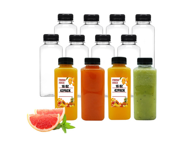 42pcs 16oz Plastic Juice Bottles with Caps, Empty PET Disposable Plastic Bottles Bulk with Black Tamper Evident Lids for Juicing, Drinking and...
