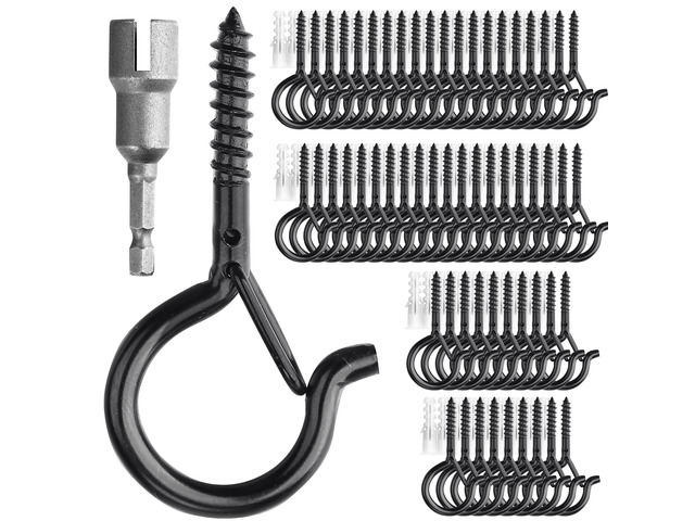 60 Pack Screw Hooks for Hanging Plants Outdoor Lights(Black) Christmas Seasonal Lighting, Heavy Duty 2.2 Inch Eye Hook Cup Ceiling Hook Q-Hanger...