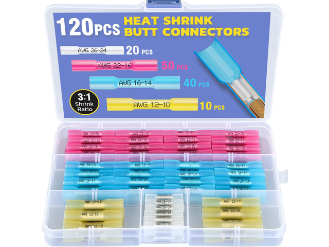 120PCS Heat Shrink Butt Connectors, 26-10 AWG 3:1 adhesive-lined heat shrink, built-in wire stop, 4 color-coded sizes for marine, automotive, and...