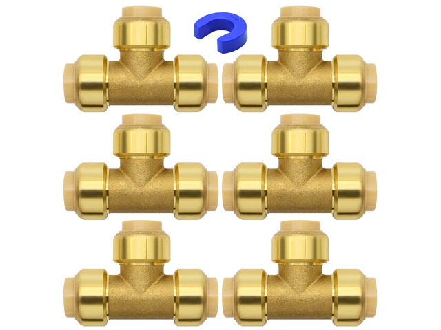 6 Pack 1/2' Pushfit Tee Fittings with Disconnect Clip for Copper, PEX, CPVC Pipe
