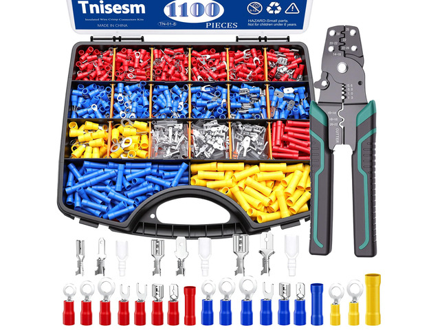 1100PCS Wire Connector Kit with Crimping Tool, Copper Insulated Electrical Wire Terminals - Ring, Butt, Spade, Fork, Assorted Crimp Connectors in...