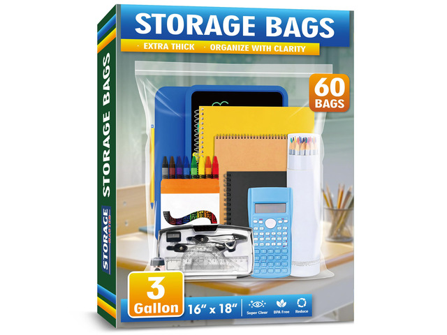 Large 3 Gallon Zippered Plastic Bags for - 16'' x 18'', Ideal for Clothes Clothing, Travel, Moving, 2-mil Thick Clear Plastic, 60 pack