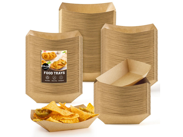 200 Pack 1/4 Lb Mini Paper Food Trays Disposable, Small, Bulk, Brown Kraft Paper, Food Boats, Serving Baskets, For Individual Party Nachos Snacks...