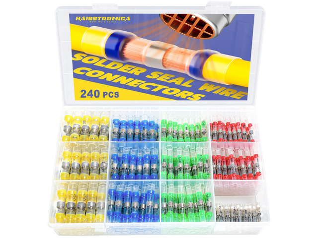 240PCS Solder Seal Wire Connectors Kit, 5 Colors/5 Sizes 26-10 AWG, Wire Gauge Markings, Clear Sleeves, Hot-Melt Adhesive Rings, Compartment...