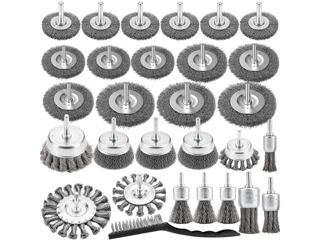 29 Pcs Carbon Steel Wire Wheel for Drill, Cup, Flat & Pen Brush Set Heavy Duty Coarse Knotted/Crimped, 1/4-Inch Round Shank Attachments for Metal...