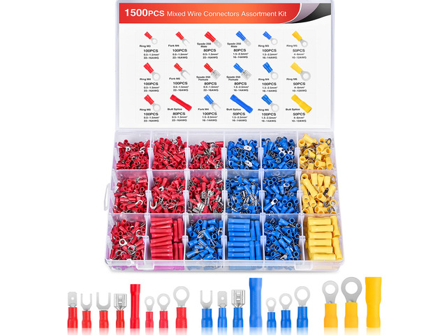 1500PCS Mixed Quick Disconnect Insulated Electrical Crimp Terminals Butt Bullet Spade Bullet Fork Ring Solderless butt Splice piggyback Male Female...