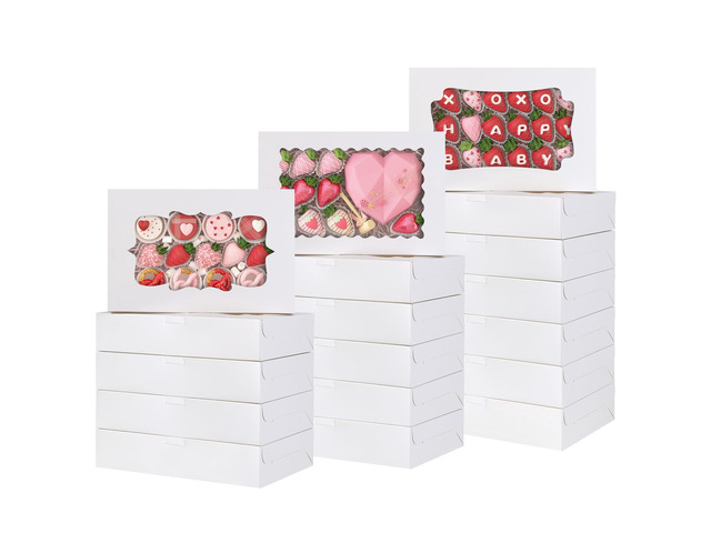 60pcs Cookie Boxes with 3 Style Window, 12x8x2.5in White Bakery Boxes