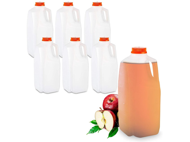 64 Oz HDPE Plastic Juice Bottles with Orange Tamper Evident Caps Set of 6 Bottles and 6 Caps - Made in The USA