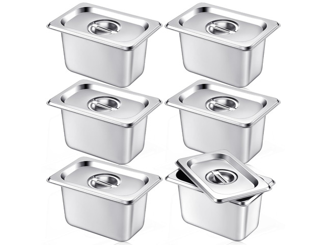 6 Pack Stainless 1/9 Size x 4 Inch Deep Steam Table Pans with Lids Designed for Serving and Food Prep at Buffets, Restaurants, Hotels, Parties, and...