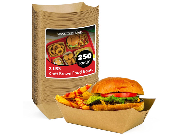 [250 Pack] Extra Large Disposable Brown Kraft Paper Food Trays, 3-Lb Concession Tray, Serving Boats for Party Snacks, Taco Bar, Seafood, Nachos Plates