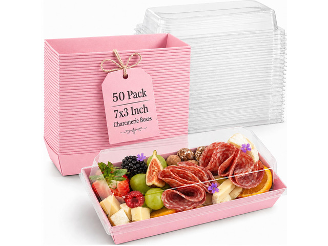 50 Pack 7.5x3.3in Small Charcuterie Boxes with Clear Lids, Mini Treat Box Disposable Grease-Proof Paper Containers, Dessert Packaging For Cookies,...