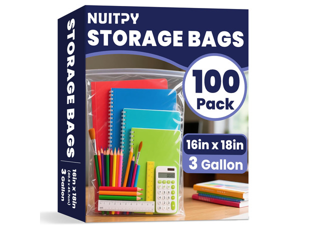 100 Pack Large 3 Gallon Storage Bags with Zipper Top, 16 x 18in Zipper Bags Clear Plastic Bag for Storage, Reusable, Sealable Storage Bag for...
