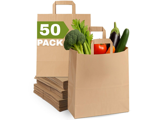 Large Paper Bags with Handles Bulk - 50 Pcs 12x7x14 Large Paper Grocery Shopping Bags with Handles, Brown Sacks for Groceries, Recycling, Delivery,...