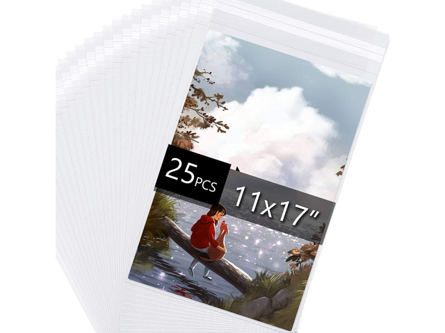 25 Pack Acid Free Crystal Sealed Clear Bags for 11x17 Art Prints, Photos 1.496mil (Single Side), 11 3/7 Inches by 17 1/2 Inches