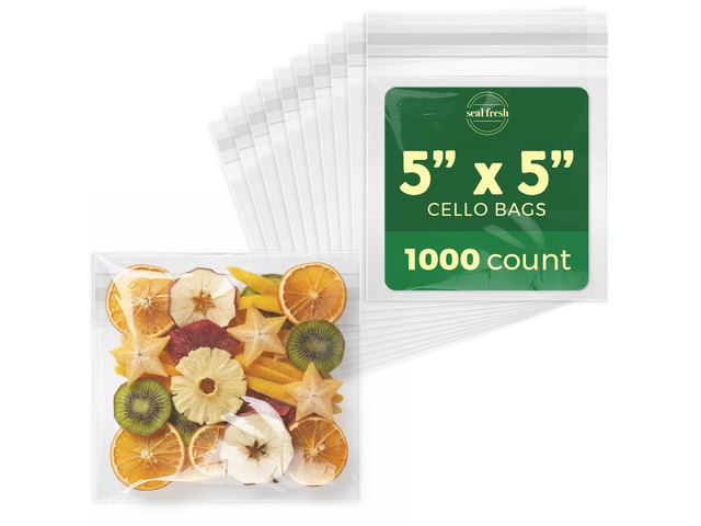 Self Sealing Cellophane Bags - 5' x 5' (1000 Count) - Clear Plastic Resealable Cello Bag - Cellophane Treat Bags, Cookie Bags for Packaging, Candy...