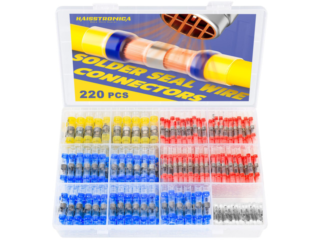 220PCS Solder Seal Wire Connectors Kit, 4 Colors/4 Sizes 26-10 AWG, Wire Gauge Markings, Clear Sleeves, Hot-Melt Adhesive Rings, Compartment...