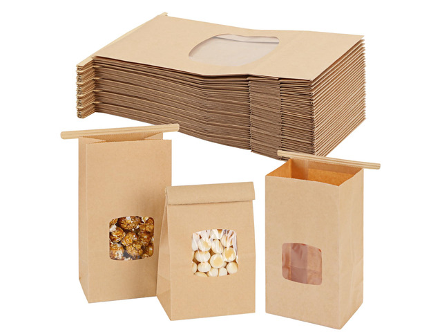 100pcs Small Bakery Cookie Bags with Seal,3.5x2.2x6.7In Treat Bags Brown Kraft Paper Treat Bag with Window Seal by Tin Tie Tab for Homemade Bread...