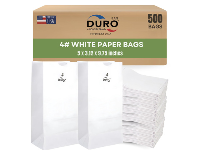 51004 4# White Paper Lunch Bags, 5 x 3.12 x 9.75 in, 500 Ct Open-Top Design for Lunches, Sandwiches, Snacks, Candy, Cookies, Popcorn, Crafts,...