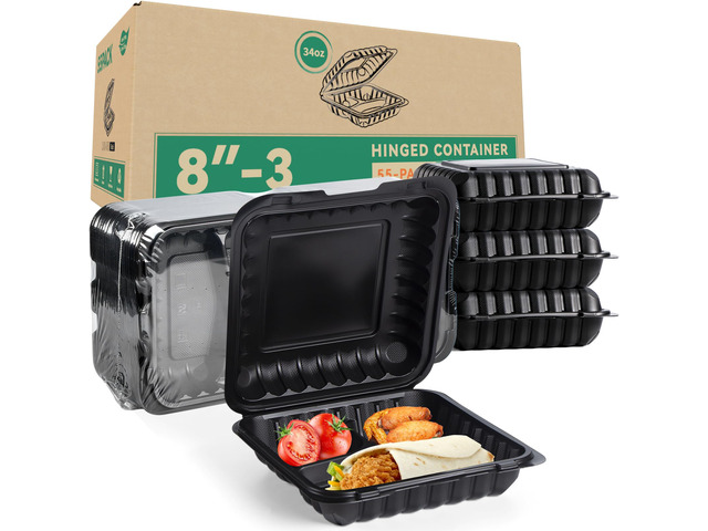 55-Pack 8x8 34oz Black To Go Containers Shrink Wrapped No Pre-Wash 3-Compartment Sanitary Sealed BPA-Free Heavy Duty Clamshell Microwave Freezer...