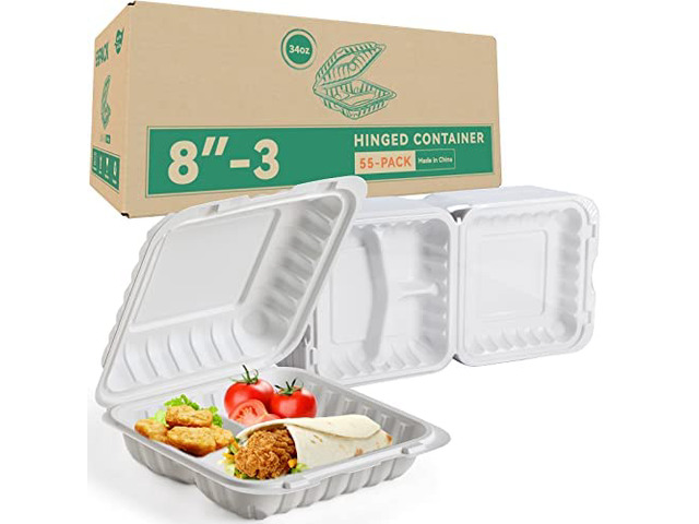 55-Pack 34oz 8 Inch Food Containers - Shrink Wrapped No Pre-Wash 3-Compartment Reusable & Secure Snap Closure Bpa Free Microwave Safe for...