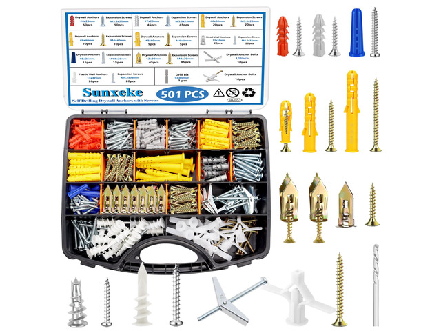 501PCS Drywall Anchors and Toggle Bolts with Screws Kit, 250PCS Dry Wall Anchors and 250PCS Expansion Screws (2026 Upgraded),11 Sizes Sheetrock...