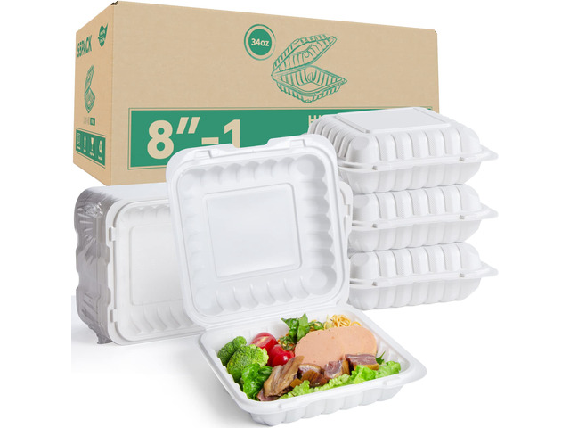 8 Inch 34oz 55-Pack White Food Containers - Shrink Wrap No Pre-Wash BPA Free Sturdy Reusable Microwave, Freezer & Dishwasher Safe for Leftovers,...