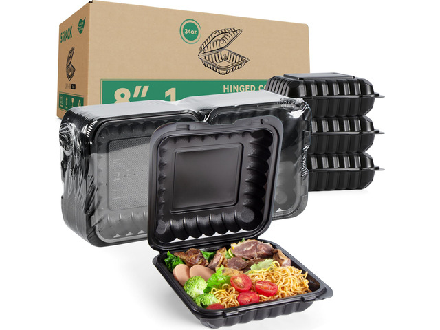 8 Inch 34oz 55-Pack Black To Go Boxes - Shrink Wrapped No Pre-Wash BPA Free Sturdy Reusable & Elegant Microwave Safe for Hot Meals, Leftovers &...