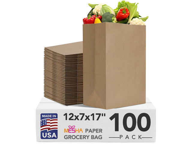 Paper Grocery Bags 12 x 7 x 17 Inches 100 Pack Bulk 60 Lbs Basis Heavy Duty Kraft Brown Paper Bags, Large Grocery Kraft Sacks - Takeout,...