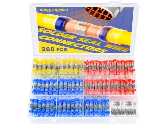 260PCS Solder Seal Wire Connectors Kit, 4 Colors/4 Sizes 26-10 AWG, Wire Gauge Markings, Clear Sleeves, Hot-Melt Adhesive Rings, Compartment...