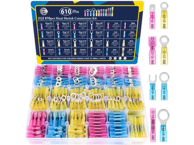 610Pcs Heat Shrink Marine Wire Connectors Assortment Kit, Waterproof heat shrink crimp terminals connectors set, assorted marine grade wire ends...