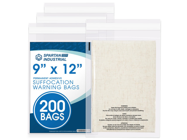 9 X 12 (200 Count) Self Seal Clear Poly Bags with Suffocation Warning for Packaging, T Shirts - Permanent Adhesive