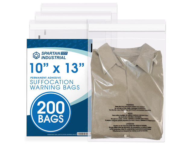 10 X 13 (200 Count) Self Seal Clear Poly Bags with Suffocation Warning for Packaging, T Shirts - Permanent Adhesive