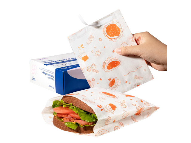 200 Pack Paper Sandwich Bags Sealable 7 x 6, Orange Greaseproof Snack Bags, Food Grade Pastry Bag, Recyclable Small Paper Bags, Cookie Sleeves,...