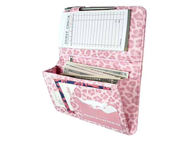 Server Book for Waitress, Magnetic, Zipper Pocket, Light Pink Leopard Cute Waitress Book 5'x8', Server Wallet with Money Pouch, Restaurant...