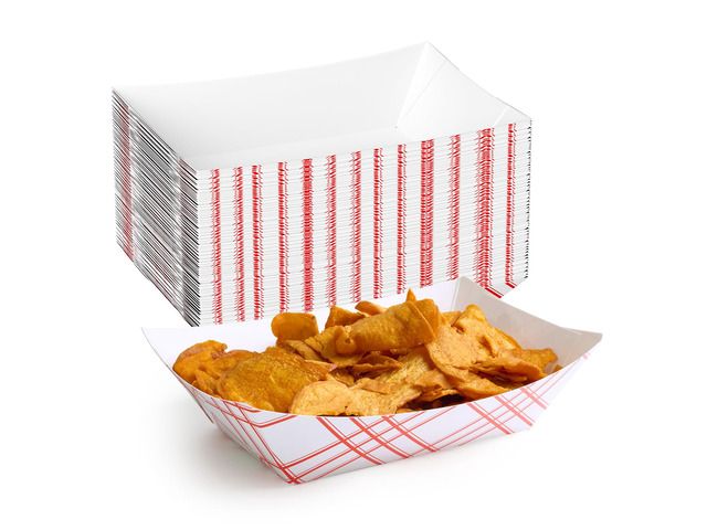100 Pack 3lb Paper Food Tray Red, Disposable Paper Boat for Nacho Food Holder Trays, Serving Boats for Taco Hot Dog Snack Fries Dessert Popcorn Sauce