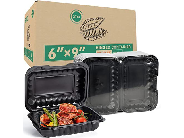 50-Pack 27oz 9x6 Black To Go Container - Shrink Wrapped No Pre-Wash Sturdy BPA Free Reusable & Secure Seal Microwave, Freezer Safe Boxes For...