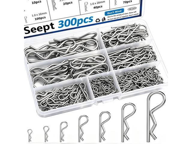 300Pcs 304 Stainless Steel R Cotter Pins 7 Sizes Assortment Kit, Heavy-Duty Hitch Lock Pins for Trucks, Trailers, Engines & Farm Equipment