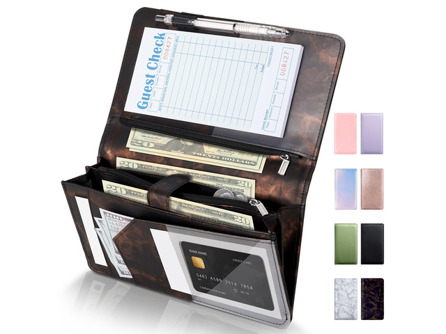 Server Book High Volume, Expandable Server Book,5'×9', Waitress Waiter Book Sturdy Leather Waitress Book with 2 Zipper Pockets and Magnetic Pocket,...