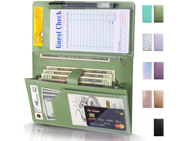 Server Book High Volume, Expandable Server Book,5'×9', Waitress Waiter Book Sturdy Leather Waitress Book with 2 Zipper Pockets and Magnetic Pocket,...