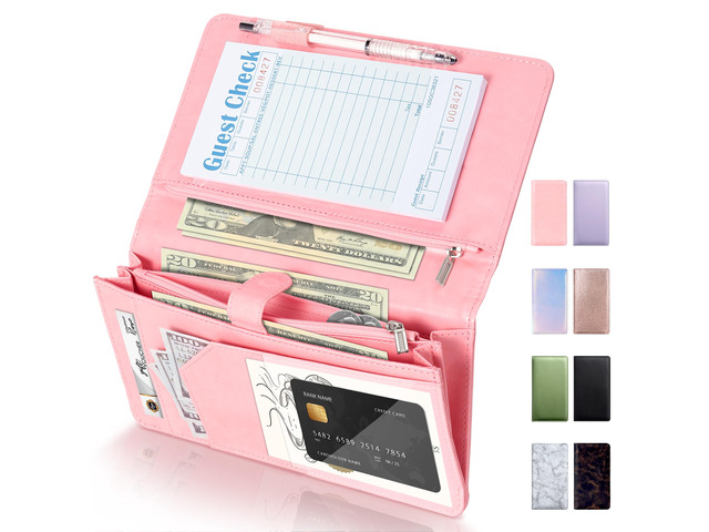 Server Book High Volume, Expandable Server Book,5'×9', Waitress Waiter Book Sturdy Leather Waitress Book with 2 Zipper Pockets and Magnetic Pocket,...