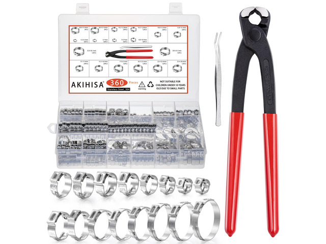 360Pcs 16 Sizes Single Ear Hose Clamps, 5.3-36.1mm Stainless Steel_304 Crimp Hose Clamps Cinch Rings Assortment Kit for Automotive, Pipe, Plumbing
