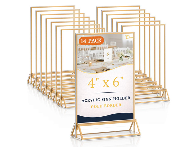14 Pack 4×6 Clear Acrylic Sign Holder with Gold Borders and Vertical Stand, Double Sided Table Menu Holders Picture Frames for Wedding Table...