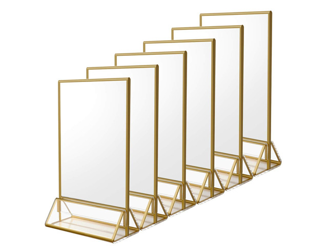 4x6 Acrylic Sign Holder, Picture Frame, Wedding Table Numbers, 6pack Vertical Stand, Gold Frames, Clear Double Sided, Gold Sign Holders Display for...
