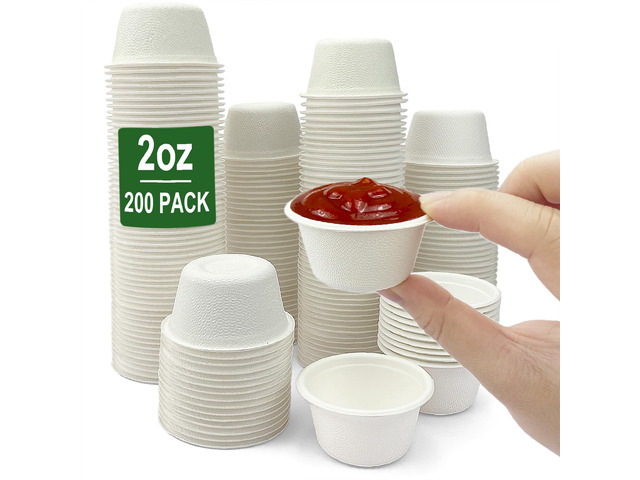 2 oz Disposable Bagasse Fiber Souffle Cups 200pk, 100% Natural Biodegradable Compostable Condiment Cups Sample Cup Tasting Cup (White, Pack of 200)