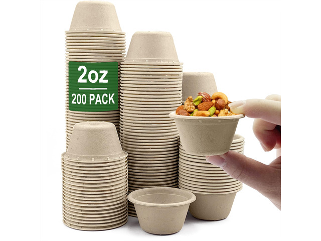 2 oz Disposable Bagasse Fiber Souffle Cups 200pk, 100% Natural Biodegradable Compostable Condiment cups Sample Cup Tasting Cup (Natural, Pack of 200)