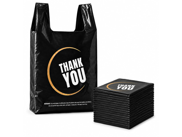 1000 Count Black Thank You T-Shirt Bags, 11 x 6 x 21 in Durable HDPE with handles, black Thank You print, carryout sacks for grocery, retail,...