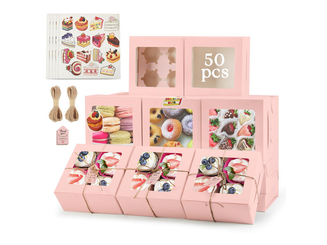 Cupcake Boxes with Window, 6x6x3 Inches Cookie Boxes,50 Pack,Pink Bakery Treat Boxes for Pastry, Desserts, Chocolate Strawberries, Cupcake...