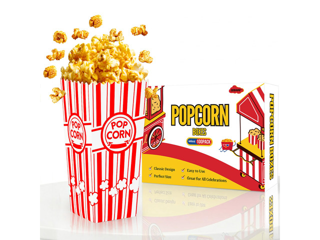 Popcorn Boxes, 100 Pack, 46oz Large Capacity 250g Grease-Resistant Paper, Sturdy & Durable, Cute, Fast Assembly, Movie Night Supplies, For Family...